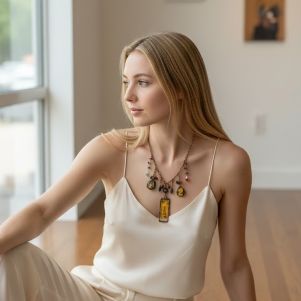 Tiny Art Glass Canvas Glass Pendant Copper Necklace 14th Cen. Italian Noblewoman - Picture 16 of 16